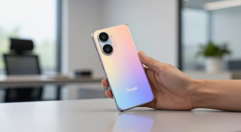A Google Pixel 8 Pro smartphone, showcasing its sleek design with a glossy finish in a vibrant color, prominently displayed on a smooth, reflective surface in the foreground. The camera bump at the back gleams under soft, natural lighting, emphasizing the cutting-edge lens technology. In the middle, an out-of-focus hand gently holds the phone, highlighting its ergonomic shape and minimalist aesthetic. In the background, a modern office setting can be subtly seen, with blurred elements like a desk, plants, and a window providing soft ambient light. The atmosphere is professional yet inviting, capturing the innovative spirit of Android while emphasizing the exceptional camera features that set this device apart.