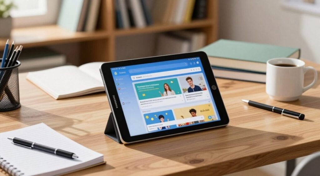 A Samsung Galaxy Tab placed prominently on a stylish wooden desk, surrounded by neatly organized school supplies such as notebooks, a pen holder, and a coffee mug, indicating a focused study environment. The tablet's screen displays an educational app, illuminated with soft natural light coming from a nearby window, accentuating its sleek design and vibrant display. In the background, blurred shelves filled with books create a warm, inviting academic atmosphere. The scene conveys a mood of productivity and inspiration, showcasing the tablet as an essential tool for students. The image is shot from a slight overhead angle to highlight both the device and the surrounding study area, emphasizing its role in enhancing the academic experience.