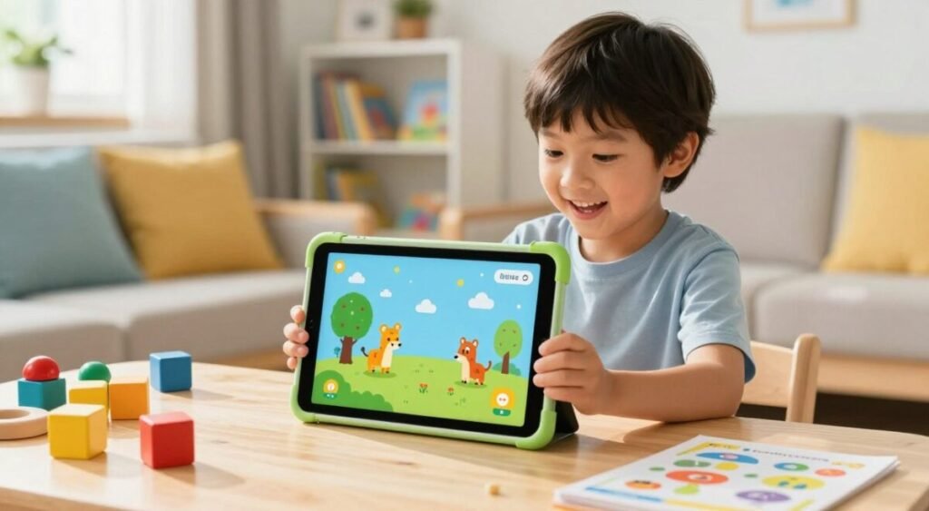 A bright, colorful scene showcasing a tablet designed for children, sitting on a wooden table surrounded by vibrant toys and educational materials. In the foreground, the tablet screen displays an interactive learning app, featuring cartoon animals and playful graphics that attract young learners. In the middle ground, a cheerful child with modest casual clothing is engaged in using the tablet, their expression reflecting excitement and curiosity. In the background, a cozy living room setting bathed in natural sunlight filtering through a window, with soft cushions and bookshelves filled with children's books. The atmosphere is warm and inviting, evoking a sense of playfulness and learning in a safe environment. Use soft lighting to enhance the mood and emphasize the joyful interaction with technology.
