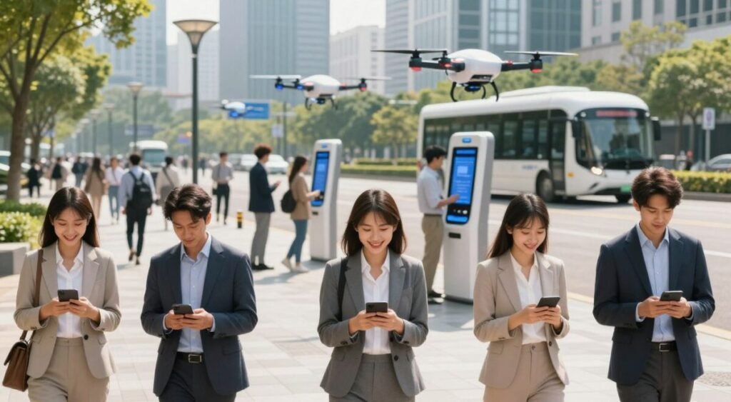 A bustling urban scene illustrating the subtle ways AI transforms daily life, set in the foreground with a diverse group of professionals using smart devices, all dressed in smart business attire. In the middle ground, people interact with automated kiosks and AI-powered delivery drones seamlessly blending into everyday activities. The background features a modern city skyline with green spaces, showcasing smart streetlights and autonomous vehicles. The lighting is bright and optimistic, reflecting a sunny afternoon, with natural sunlight casting soft shadows. The atmosphere exudes a sense of innovation and positivity, emphasizing how AI integrates into daily routines effortlessly and enhances productivity, creating a harmonious blend of technology and humanity.