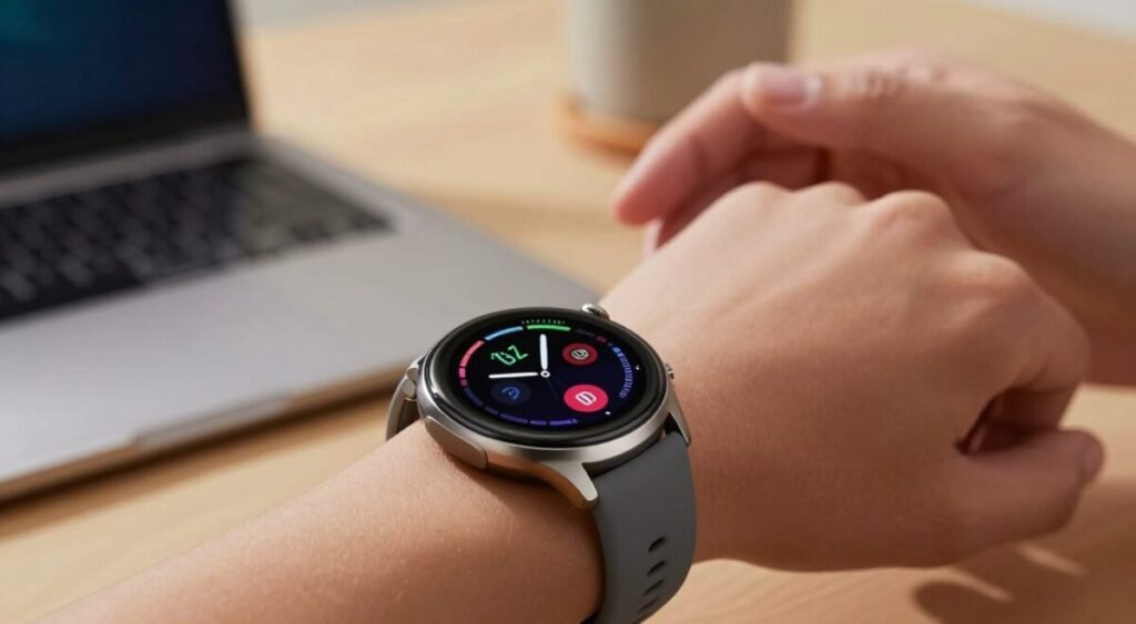 A close-up image of a modern smartwatch featuring a vibrant AMOLED screen displaying colorful health metrics. In the foreground, the smartwatch is angled slightly to showcase its sleek design and curved edges, reflecting premium materials. The middle ground includes a blurred hand reaching toward the screen, suggesting interaction, while the wrist is adorned with a comfortable, breathable band. The background features a soft-focus workspace with warm lighting, enhancing the ambiance of a tech-savvy environment. The image captures a sense of modern elegance and user-friendly design, emphasizing clarity, legibility, and ergonomic comfort associated with AMOLED displays, perfect for a health-focused lifestyle.
