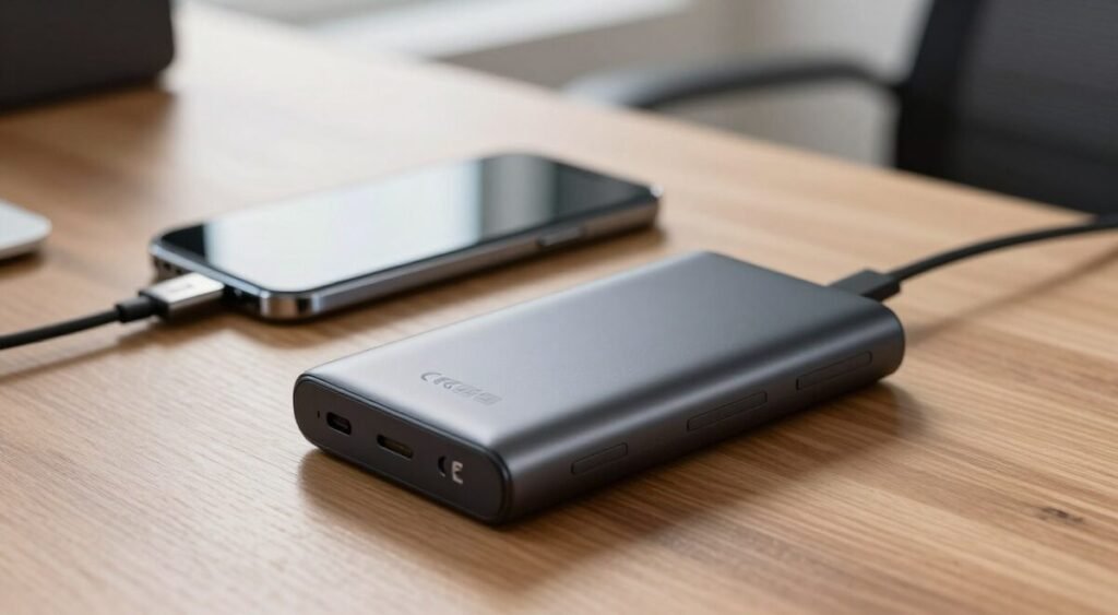 A close-up of a modern power bank showcasing safety certifications and features prominently displayed on its sleek surface. In the foreground, the power bank is elegantly placed on a textured wooden surface, highlighted by soft, diffused lighting that casts gentle shadows. In the middle ground, a smartphone and charging cable are arranged neatly beside it, implying functionality. The background features a blurred office environment, softly lit, conveying a sense of professionalism and reliability. Emphasize the power bank’s safety certifications with icons such as CE, FCC, and RoHS subtly integrated into the design. The overall atmosphere should be one of trust and security, inviting users to consider their portable charging needs confidently.