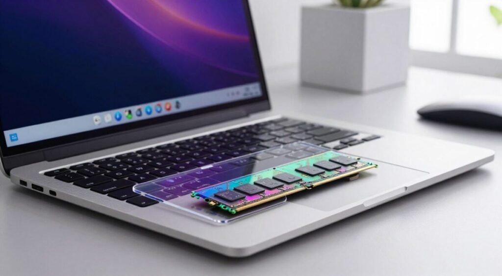 A close-up view of a modern laptop opened on a sleek desk, showcasing its internal components of RAM and SSD. The foreground features a transparent panel revealing colorful RAM sticks and a compact SSD, with their intricate circuitry highlighted. In the middle, the laptop screen displays a vibrant user interface, emphasizing speed and efficiency. The background is softly blurred, showing an organized workspace with minimalistic design elements, such as geometric shapes and natural light streaming in from a window, creating a bright and tech-savvy atmosphere. The image is taken at a slight angle to capture depth, with a soft focus and high contrast to accentuate the hardware details, evoking a sense of cutting-edge technology for portability and performance.