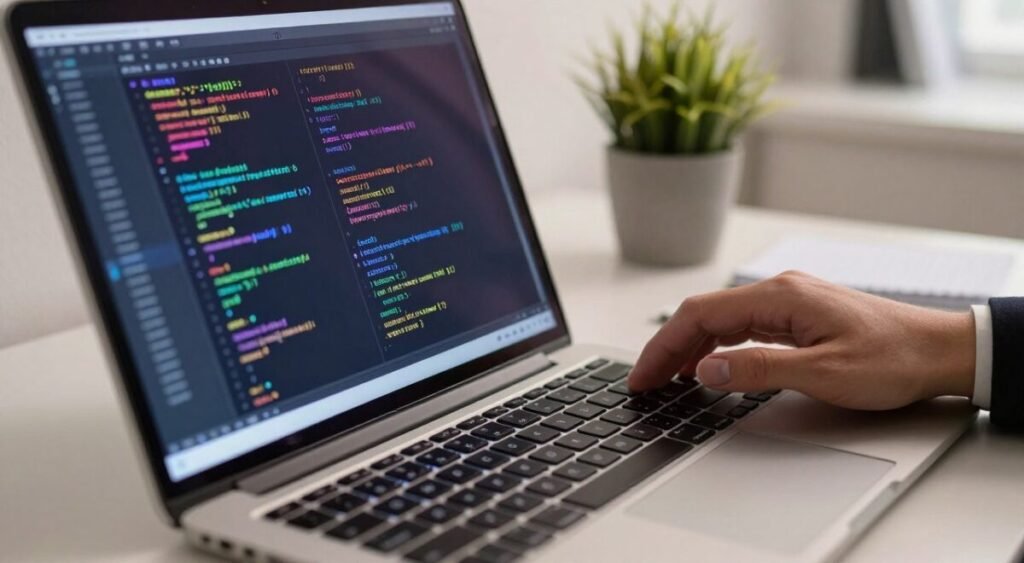 A close-up view of a modern laptop screen displaying a vibrant command line interface filled with colorful text, showcasing various coding scripts and automated commands. The foreground features a sleek laptop with an illuminated keyboard, reflecting a tech-savvy workspace. In the middle, there are subtle hints of a hand, clad in a professional business attire, poised over the keyboard as if ready to type. The background is softly blurred, depicting a minimalist, well-organized desk with a potted plant and notes, creating a clean and high-tech atmosphere. The overall mood is one of productivity and innovation, illuminated by soft, warm lighting that enhances the screen's glow and adds depth to the scene, emphasizing the importance of command-line proficiency in programming and automation.