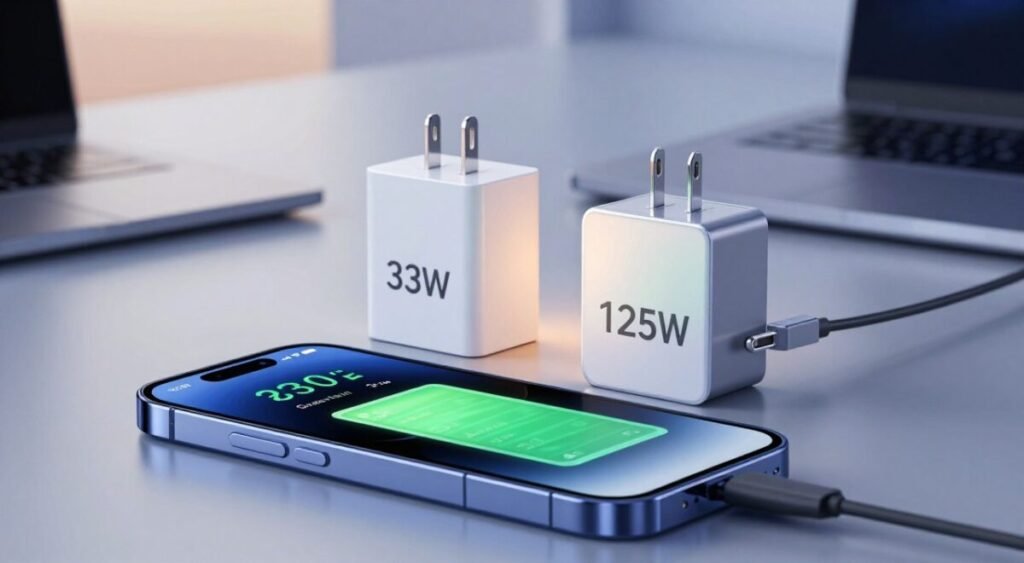 A close-up view of a modern smartphone with a focus on its battery specifications, showcasing the contrast between a 33W charger and a 125W charger placed next to each other on a sleek desk. The foreground features the smartphone's sleek design, its screen illuminated to display battery statistics, surrounded by the chargers. In the middle, a gentle gradient light highlights the chargers, emphasizing their distinct designs and power ratings. The background includes a blurred modern workspace with soft, ambient lighting that creates a professional yet inviting atmosphere. The entire scene captures a sense of technological advancement and efficiency, perfect for illustrating battery performance and charging speed.