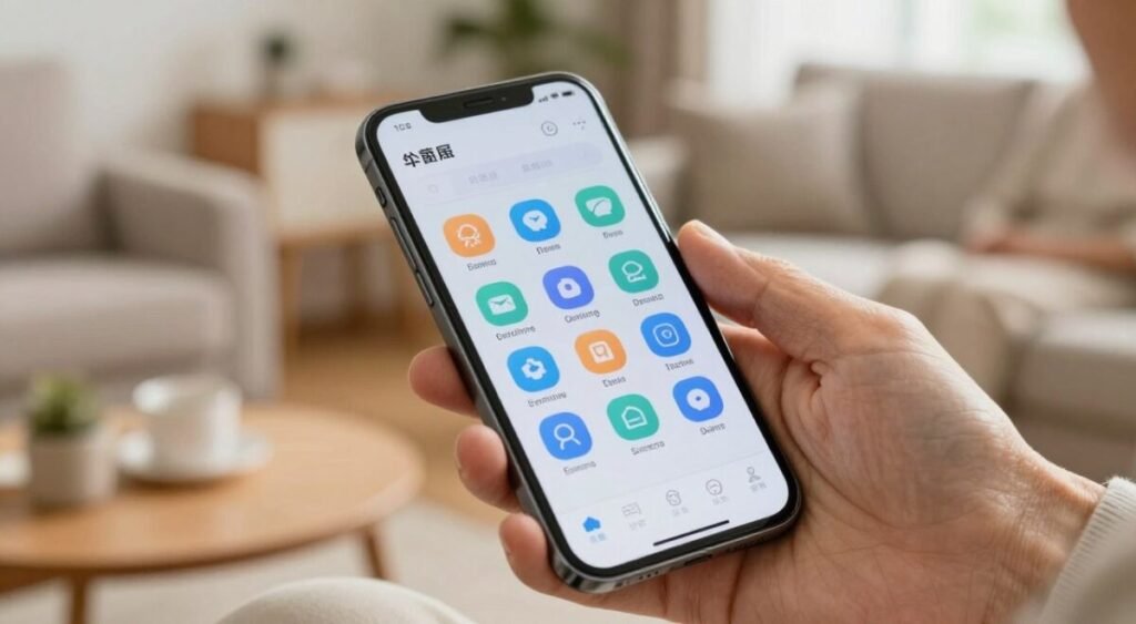 A close-up view of a modern smartphone with a large display, showcasing its vibrant screen filled with easy-to-read icons and a simplified interface designed for seniors. In the foreground, a hand gently holds the phone, with an emphasis on the screen, illustrating its clear text and large buttons. In the middle ground, a soft-focus element shows a background of a cozy living room setting, featuring warm lighting that creates an inviting atmosphere. The backdrop may include a comfortable armchair and a side table with personal items, highlighting a relatable environment for elderly users. The scene is illuminated with natural light, enhancing the clarity of the phone's features and evoking a sense of accessibility and ease of use.