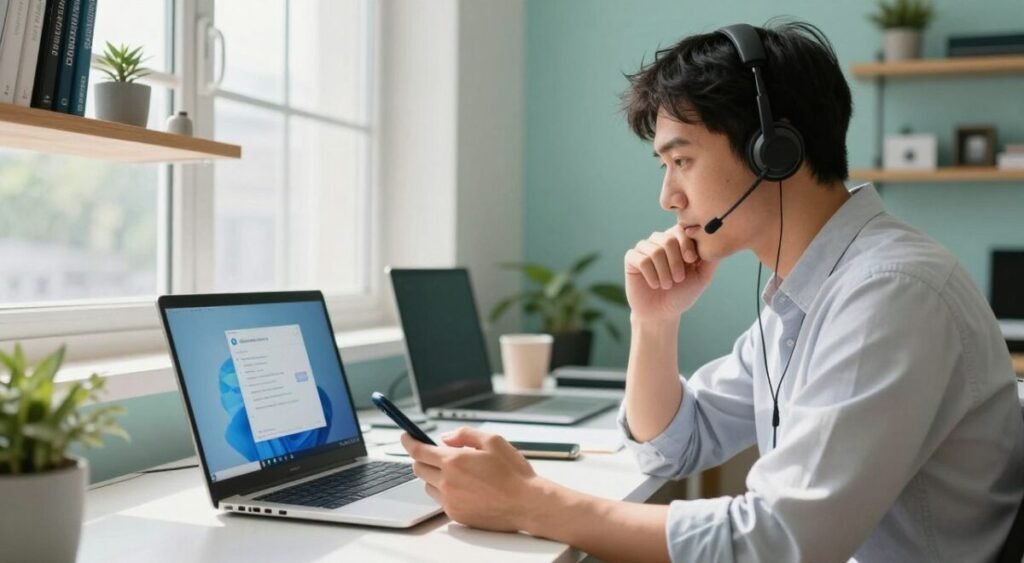 A close-up view of a professional technical support specialist dressed in smart-casual attire, sitting at a modern desk cluttered with a laptop displaying Windows 10 update issues. The specialist is intently examining the screen, with a thoughtful expression while holding a smartphone in one hand. In the background, a large window allows natural light to flood in, casting soft shadows across the room. Shelves filled with technical manuals and gadgets create an organized yet busy atmosphere. The room is painted in calming pastel colors to enhance focus and productivity. The scene evokes a sense of urgency yet professionalism, reflecting the challenges and solutions involved in troubleshooting common Windows 10 update problems.