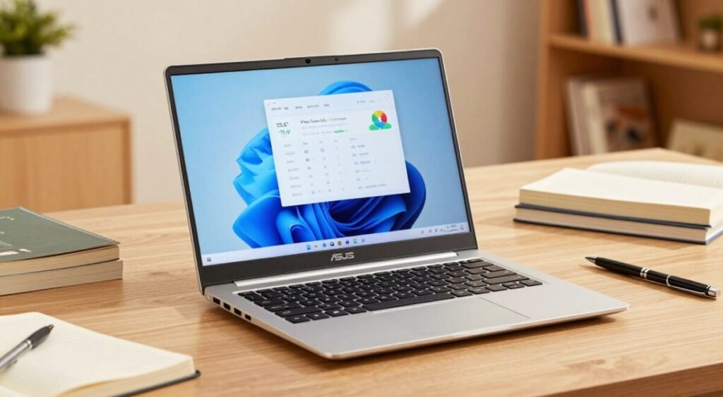 A close-up view of a sleek ASUS Vivobook Go 15 laptop with a 15.6-inch display, showcasing the vibrant screen with clear, crisp resolution displaying a user-friendly interface. The laptop is placed on a clean, modern wooden desk with textbooks, notebooks, and a stylish pen scattered around, implying a studious environment. A warm, soft light illuminates the scene, enhancing the color of the laptop and books, creating an inviting atmosphere. In the background, there are hints of a cozy study space decorated with plants and a bookshelf, suggesting an educational atmosphere. A shallow depth of field blurs the background slightly while keeping the laptop in sharp focus, emphasizing its portability and design.