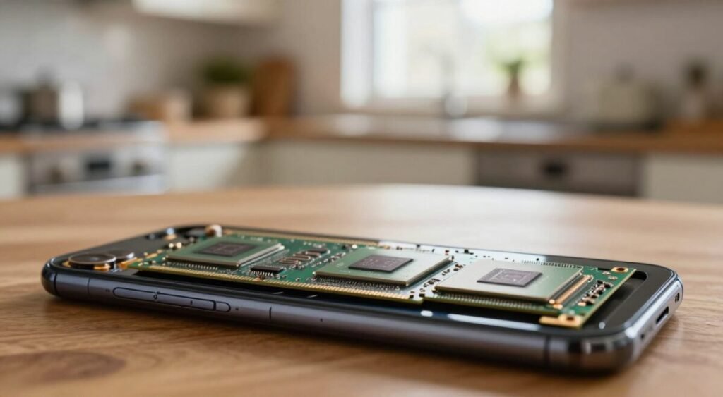 A close-up view of a smartphone with its internal components such as RAM modules and a high-performance processor displayed prominently in the foreground. The background consists of a softly blurred kitchen setting, creating a warm and inviting atmosphere, suggesting everyday use. The smartphone should be positioned on a wooden table with warm, natural light illuminating it from a window, highlighting the intricate details of the components, such as circuit board patterns. The lens should have a slight bokeh effect, focusing intently on the electronics. The overall mood is informative yet approachable, making the technology feel accessible and relevant to an older audience. No people or text should be included in the image.