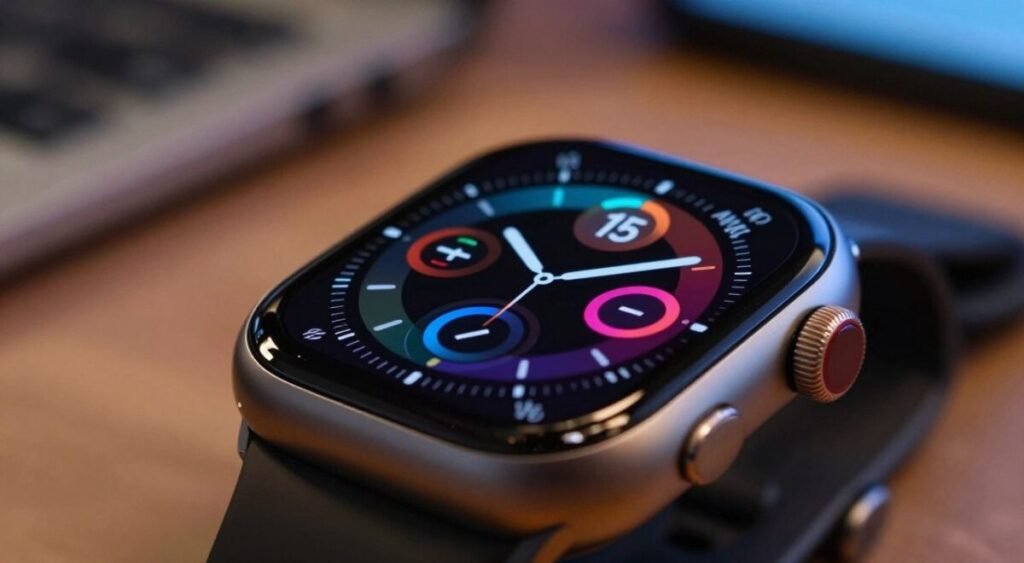 A close-up view of a vibrant AMOLED display, showcasing its deep blacks and vivid colors, set in a sleek, high-end smartwatch design. The foreground features the watch face illuminated with various high-tech, dynamic widgets, reflecting advanced functionalities. In the middle ground, faint hints of an elegant watch band and minimalistic buttons complement the luxurious aesthetic. The background is softly blurred, emphasizing the rich, colorful display while incorporating hints of a stylish workspace—such as a polished desk and subtle elements of technology like cables or a computer. The scene captures a modern, sophisticated atmosphere with warm, ambient lighting that enhances the display's brilliance, evoking a sense of innovation and premium craftsmanship.