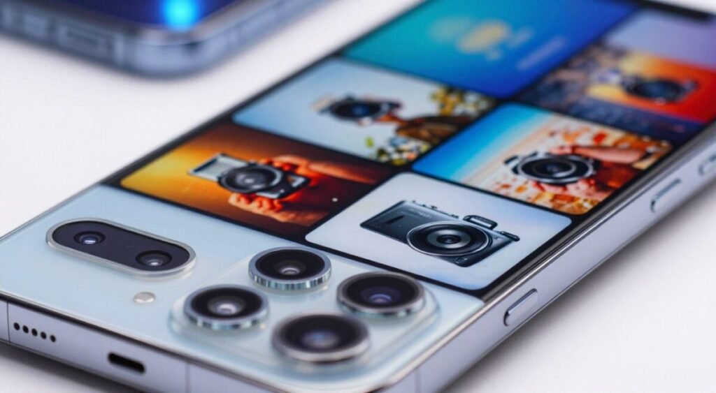 A close-up view of advanced smartphone rear cameras featuring multiple lenses and sensors, elegantly arranged on a sleek device. The foreground showcases detailed textures of the camera housing, highlighting the lens coating and metallic finish with a soft reflection. In the middle ground, a set of vibrant photographs displays various photo and video samples taken with these cameras, illustrating their capabilities, such as low-light performance and rich color vibrancy. The background is subtly blurred, hinting at a modern, tech-inspired setting with soft blue and white lighting to create a professional atmosphere. The composition should focus on clarity and innovation, evoking a sense of excitement and modernity about smartphone photography.