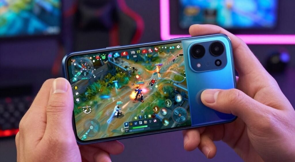 A close-up view of the POCO X7 Pro smartphone showcasing its vibrant, high-resolution display and robust design suitable for intense gaming. The phone, with a sleek finish, is positioned at a slight angle to highlight its IP68 rating emblem on the back, emphasizing durability against water and dust. The foreground features a gamer’s hand holding the phone, demonstrating an engaging gaming experience. The middle ground displays a dynamic, colorful gaming interface on the screen, hinting at action-packed gameplay. The background is softly blurred but suggests a modern gaming environment, illuminated with ambient lighting from colorful LED setups. The overall atmosphere should feel energetic and high-tech, conveying the phone's capabilities for both gaming and resilience.