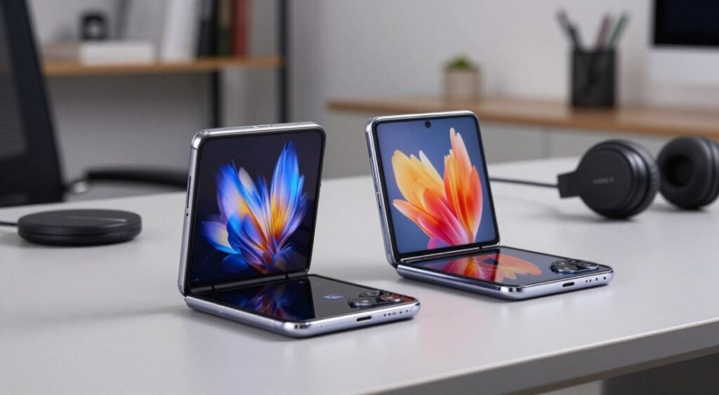 A close-up view of two foldable smartphones, the Motorola Razr 60 Ultra and Razr 50 Ultra, elegantly displayed on a sleek, modern desk. The Razr 60 Ultra features a vibrant, futuristic design with a reflective screen and innovative hinge, while the Razr 50 Ultra showcases a delicate, streamlined look with sleek edges and a vivid color palette. The foreground highlights the phones, emphasizing their glossy finishes and user-friendly interfaces. In the middle ground, subtle tech accessories like a wireless charger and stylish headphones add context. The background includes a softly lit office environment with blurred shelves and contemporary decor, creating a sophisticated atmosphere. Soft, diffused lighting enhances the professionalism, capturing the cutting-edge technology and aesthetics of these foldable devices.