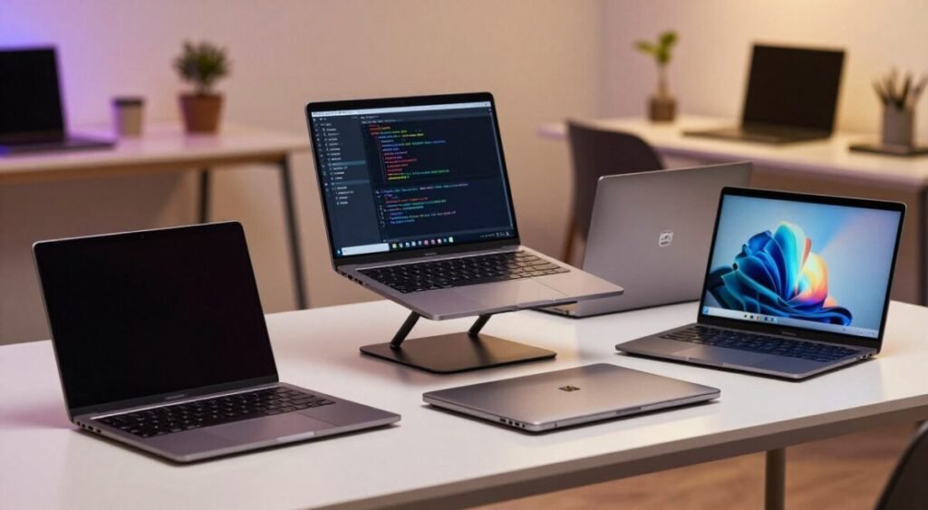 A collection of laptops displayed on a sleek, modern desk, illustrating different price ranges. In the foreground, several notebooks are arranged, each showcasing its unique design and features—some are ultra-thin and premium-looking, while others are more robust and affordable. In the middle, a stylish laptop stand holds an open laptop with a clear, vibrant screen displaying code, emphasizing its usability for programmers. The background features a blurred workspace with soft, warm lighting to create an inviting atmosphere, with a hint of tech-centric decor. The overall mood is focused and professional, ideal for a programming environment, highlighting the diversity in notebook prices available in Brazil.
