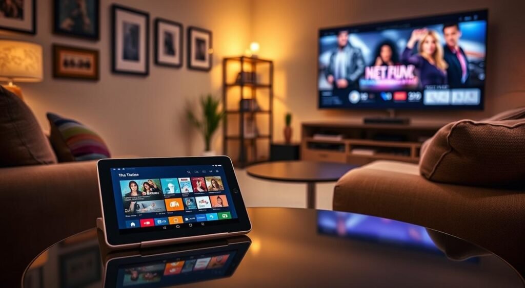 A cozy home environment showcasing a tablet setup optimized for movie and series streaming. In the foreground, a sleek tablet rests on a stylish table with colorful streaming app icons displayed on its screen. Nearby, a comfortable chair with plush cushions invites relaxation. In the middle, warm, ambient lighting casts a soft glow around the room, enhancing the inviting atmosphere. On the walls, decorative art pieces and a small bookshelf filled with DVDs or books add character to the scene. In the background, a large TV screen is subtly visible, hinting at a dedicated entertainment space. The mood is relaxed and inviting, perfect for movie nights, captured from a slight angle to highlight the setup's efficiency and comfort.