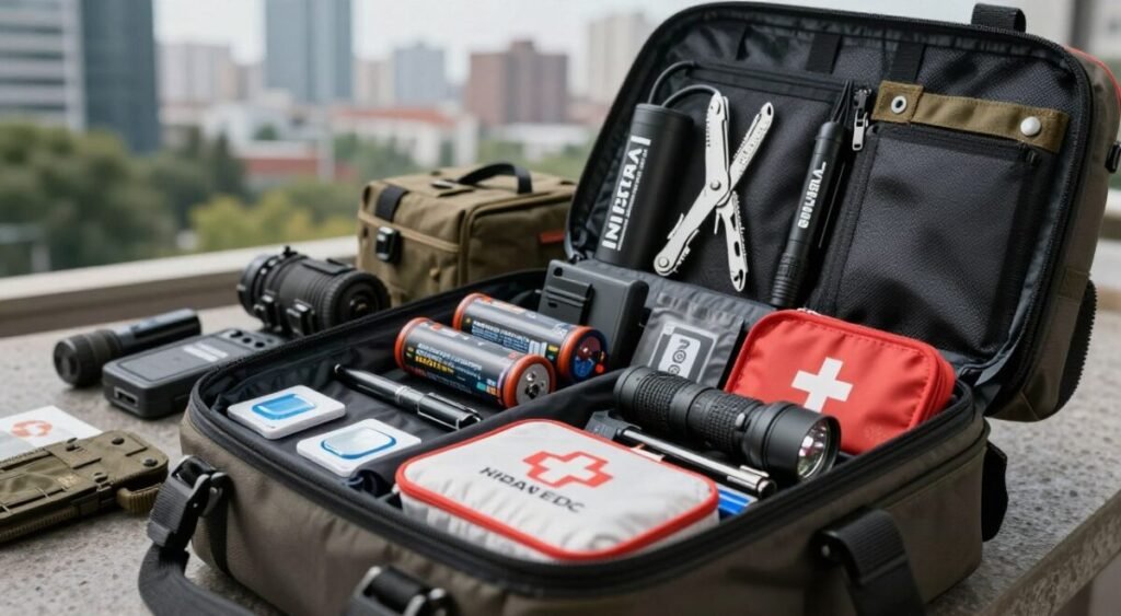 A detailed view of urban survival preparation levels, featuring a well-organized display of survival gear. In the foreground, an open bug-out bag filled with essential items like a portable battery, multi-tool, first aid kit, and compact flashlight. In the middle, various urban EDC (Everyday Carry) items are laid out, such as tactical pens, water purification tablets, and personal safety gadgets. In the background, a subtly urban landscape with hints of city architecture, blending nature and urban life, to capture the essence of survival in a metropolitan area. Soft, diffused lighting enhances the overall clarity, with a slight depth of field effect focusing on the gear. The atmosphere is serious yet practical, evoking a sense of preparedness and resilience.