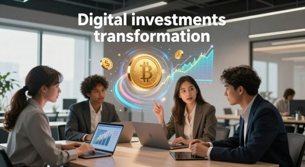 A dynamic and insightful representation of "digital investments transformation." In the foreground, a diverse group of professionals in smart business attire—two women and one man—engaged in a discussion over modern digital devices like laptops and tablets, showcasing charts and graphs of investment growth. In the middle ground, abstract 3D visualizations of digital currency and stock market trends swirl around them, casting a sense of movement and innovation. The background features a sleek, contemporary office space with large windows, allowing soft natural light to enter, illuminating the scene with a warm and optimistic ambiance. The overall atmosphere conveys a sense of collaboration, progress, and the significant impact of digital transformation on investment strategies and productivity in today’s society.