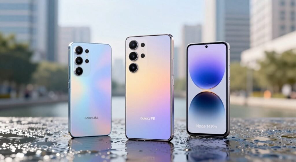 A dynamic arrangement showcasing three water-resistant mid-range smartphones: the Galaxy A56, Galaxy S24 FE, and Redmi Note 14 Pro, positioned prominently in the foreground. Each phone displays a vibrant, sleek design, emphasizing their high-tech features and water-resistance capabilities. In the middle ground, a textured, wet surface reflects light to suggest a watery environment. The background features a softly blurred urban landscape, hinting at a modern city vibe, with diffused sunlight creating a bright and optimistic mood. The composition should have a slight depth-of-field effect, focusing crisply on the phones while gently blurring the surroundings to enhance their appeal as durable and stylish options for 2025.