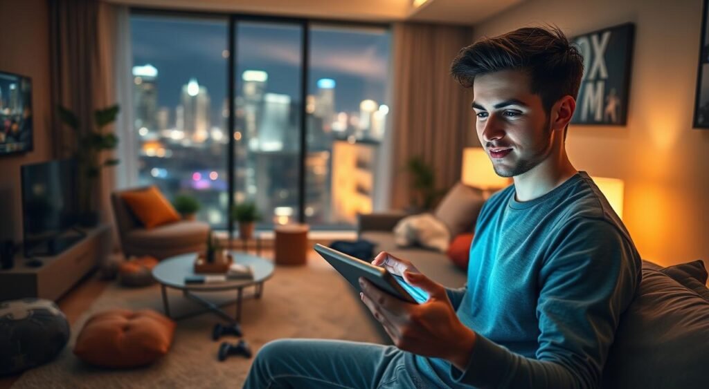 A dynamic scene depicting a gamer immersed in cloud gaming on a sleek tablet. In the foreground, a young adult in casual but stylish clothing, focused and holding the tablet with a look of excitement. The bright screen showcases vibrant game graphics with motion effects, illuminating the gamer's expression. In the middle, a cozy modern living room with ambient lighting, soft furnishings, and gaming paraphernalia scattered about, enhancing the casual gaming atmosphere. In the background, a large window reveals a night cityscape illuminated by city lights, adding depth and energy to the scene. Use warm lighting for a welcoming ambiance and a slightly elevated angle to capture the gamer's enthusiasm and the immersive experience of streaming games. The mood should be engaging and lively, emphasizing the joy of cloud gaming.