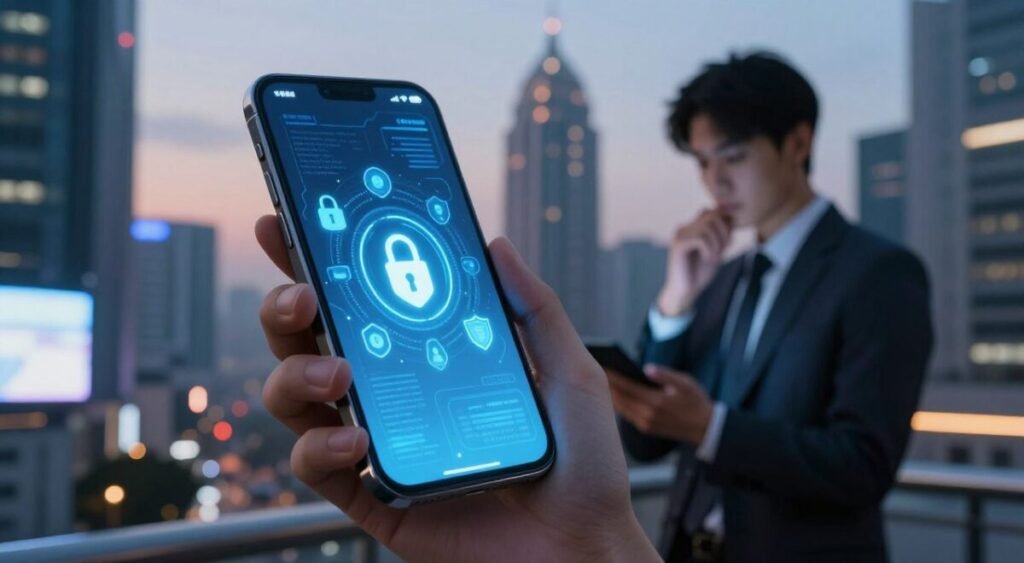 A futuristic mobile device prominently displayed in the foreground, its screen emanating a soft, blue glow, showcasing intricate digital security icons like locks and shields. In the middle ground, a professional individual in business attire is engaged with the device, looking thoughtful and focused, epitomizing the theme of privacy in technology. The background features a cityscape at dusk, with sleek skyscrapers and digital billboards, hinting at a world increasingly reliant on AI. The scene is illuminated by a mix of ambient urban lights and the device's glow, casting soft shadows that create a sense of depth. The overall mood conveys a blend of innovation and caution, highlighting the importance of privacy and security in mobile AI applications designed for personal use in 2026.