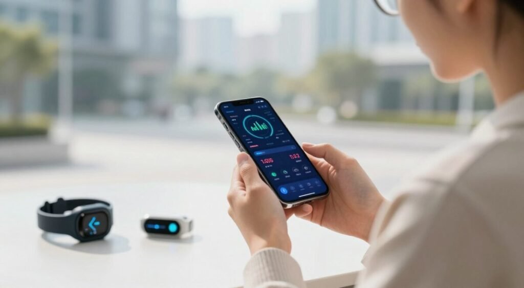 A futuristic scene depicting a person actively using a mobile device designed for health monitoring. In the foreground, the individual, dressed in smart casual attire, is focused on the sleek, high-tech smartphone displaying vibrant health metrics and AI-generated insights. The middle ground reveals elements like biometric sensors and wearable technology, suggesting a seamless integration of AI in personal health management. The background features a modern, bright urban environment, symbolizing progress and innovation. Soft natural lighting bathes the scene, creating an optimistic and serene atmosphere. The overall composition should evoke a sense of empowerment through technology, highlighting the role of mobile AI in personal well-being.