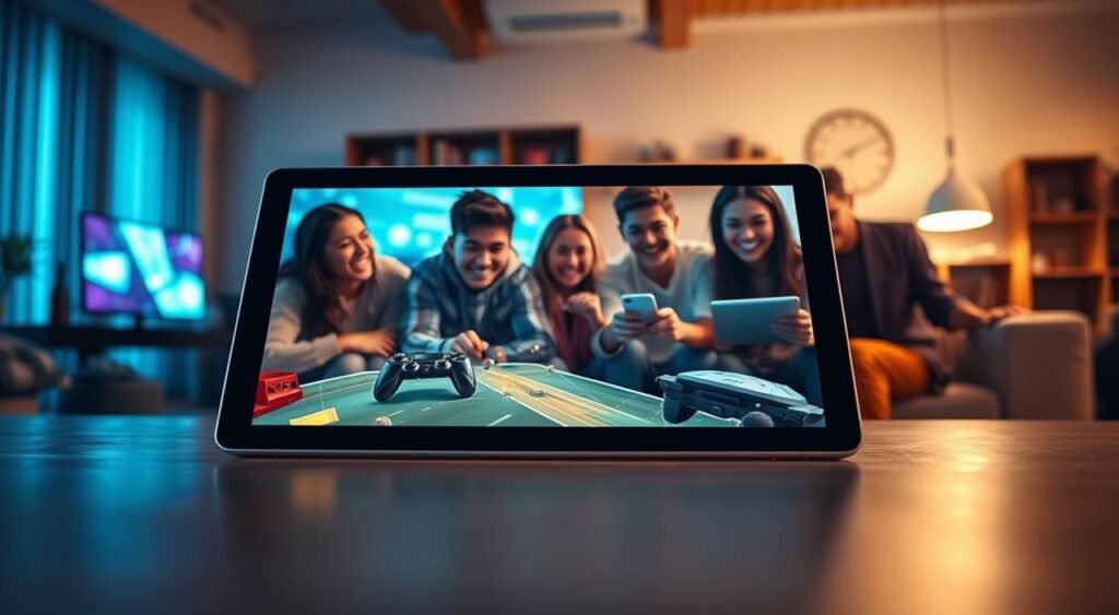 A futuristic scene depicting cloud gaming with a sleek tablet at the forefront, showing dynamic gaming graphics. The tablet is seamlessly integrated into a modern living room, surrounded by soft, ambient lighting casts a warm glow. In the middle ground, a diverse group of friends, dressed in casual but stylish clothing, are joyfully interacting with the tablet, their faces illuminated by the screen's vibrant colors. The background features a cozy atmosphere with modern furnishings and an artful display of technology, symbolizing the evolution of gaming. A soft-focus depth effect enhances the sense of immersion, while a slightly elevated angle captures the excitement and engagement of the players, conveying a sense of community and innovation in the cloud gaming era.
