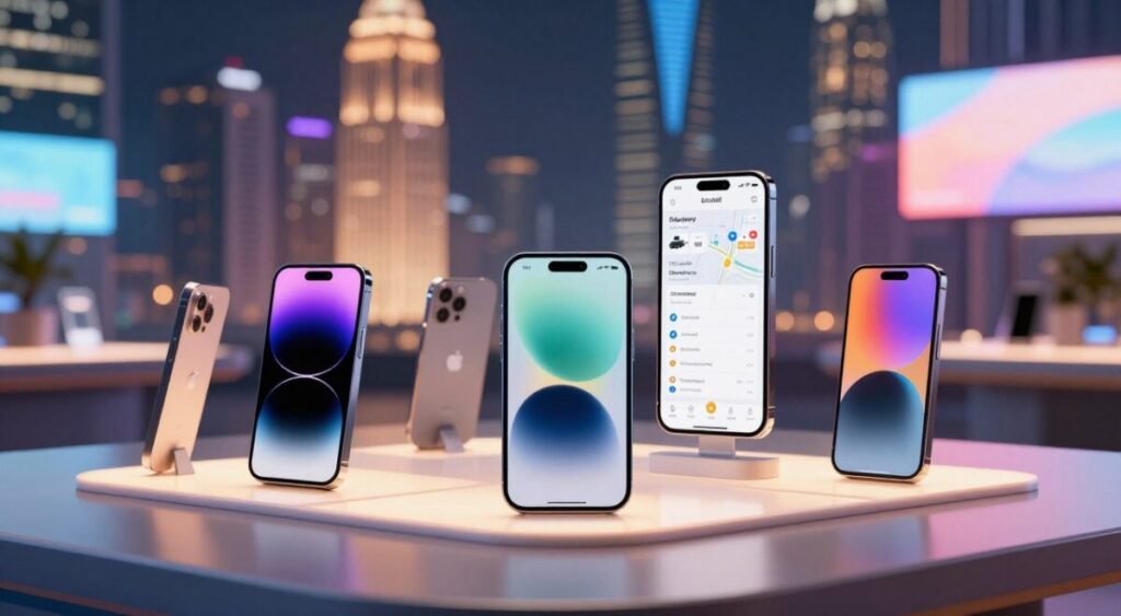 A futuristic setting showcasing the best smartphones of 2025, arranged in an elegant display on a sleek, modern table. In the foreground, three smartphones with cutting-edge designs and vibrant screens, reflecting light from a soft, ambient glow. The middle ground features an open app showcasing a mobility application interface, demonstrating real-time navigation and ride-sharing features. The background includes a blurred cityscape with glowing skyscrapers and digital billboards, hinting at advanced technology and urban lifestyle. The scene is captured with a shallow depth of field, creating a sharp focus on the phones, while warm, inviting lighting enhances the high-tech ambiance, evoking excitement and innovation.