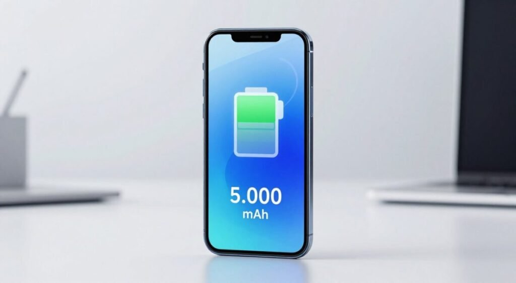 A high-quality image featuring a smartphone prominently displaying a battery icon reading "5.000 mAh", set against a sleek, modern background. In the foreground, the smartphone is upright, showcasing its design with a vibrant screen that hints at long-lasting battery life. The middle layer includes subtle elements like a soft glow emanating from the phone, symbolizing energy. The background consists of a minimalist workspace with a hint of technology, such as abstract shapes or circuit board patterns, in soft focus to emphasize the phone. The lighting is bright and even, capturing the essence of innovation, with an uplifting atmosphere conveying reliability and modernity. The image should appear polished and professional, suitable for an informative article.