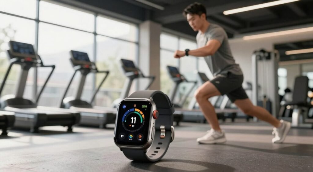 A high-tech smartwatch displaying GPS metrics and workout statistics sits prominently in the foreground, surrounded by a sleek, modern fitness environment. In the middle ground, a focused athlete wearing a stylish, modest activewear outfit is engaged in a workout, showcasing dynamic movement while using the smartwatch. The background features a blurred gym setting with fitness equipment, emphasizing a performance-driven atmosphere. Soft, natural sunlight filters through large windows, casting gentle highlights and shadows, creating an energetic yet professional mood. The image is captured from a slightly low angle to accentuate the smartwatch's features and the athlete's determination, emphasizing the synergy between technology and physical performance.