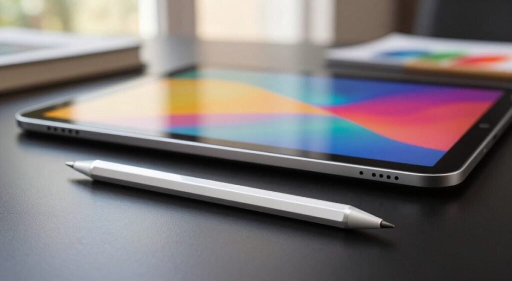 A hyper-realistic image of an Apple Pencil resting elegantly on a smooth, high-gloss black tablet surface. In the foreground, the Apple Pencil is slightly angled, showcasing its sleek design, with reflections subtly highlighting its metallic finish. In the middle, a softly illuminated iPad glows with vibrant colorful artwork displayed on its screen, creating an inviting environment for creativity. The background features a blurred, modern workspace that includes hints of sketchbooks and art supplies, bathed in warm, natural light filtering through a nearby window. Capture a professional and inspiring atmosphere, emphasizing the creative potential of the Apple Pencil in use. The focus should be on the tools themselves, ensuring no text or branding is visible.