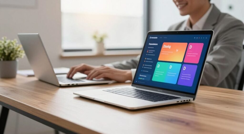 A lightweight, modern laptop is placed on a sleek wooden desk, showcasing its slim profile and elegant design. In the foreground, the laptop's screen displays a vibrant, colorful infographic about portability advantages. In the middle, a professional person dressed in business casual attire is happily typing on the laptop, conveying a sense of productivity and ease. The background features a soft-focus office environment with natural light streaming through a large window, illuminating the scene with a warm glow. The atmosphere is inspiring and efficient, inviting viewers to embrace the advantages of portable technology in their work and lifestyle.