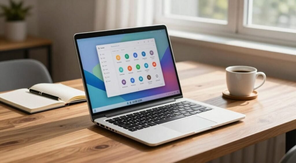 A modern and versatile budget laptop, priced under R$ 2,000, sitting on a sleek wooden desk. In the foreground, the laptop is open, displaying a vibrant home screen filled with user-friendly icons and a clean layout, symbolizing its capability for basic tasks like browsing and document editing. The middle ground shows a cozy workspace with a notebook, a pen, and a coffee mug, exuding a productive and inviting atmosphere. The background features soft natural light filtering through a nearby window, casting gentle shadows that enhance the calming vibe of the scene. The overall mood is warm and professional, ideal for showcasing affordable technology solutions.