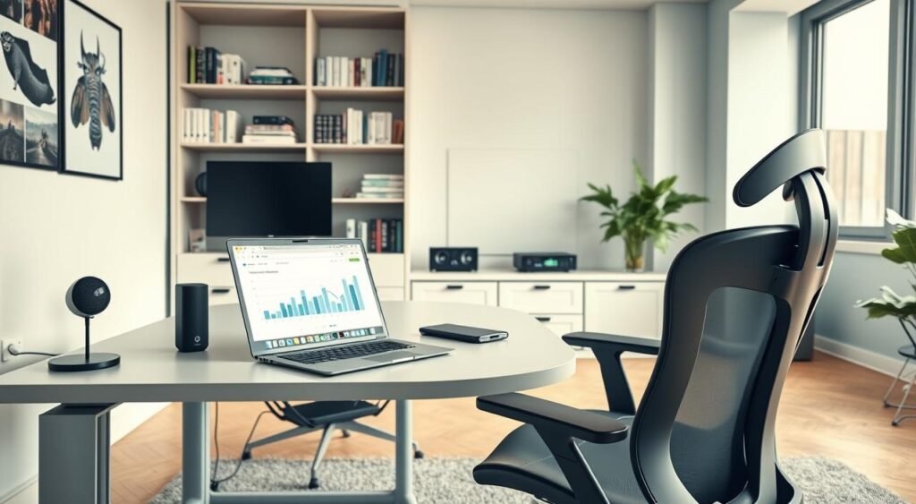 A modern home office setup focused on technology and productivity. In the foreground, a sleek desk with a high-tech laptop, ergonomic keyboard, and a large monitor displaying data graphs. Next to it, an advanced ergonomic chair designed for comfort and support. In the middle ground, a stylish bookshelf filled with productivity books and gadgets like a smart speaker and wireless charging station. The background features a large window offering natural light, illuminating the workspace, creating a warm and inviting atmosphere. The room's color palette is a blend of soft blues and whites, enhancing a calm and productive vibe. The angle captures the scene from slightly above, emphasizing the organized layout and inviting workspace.