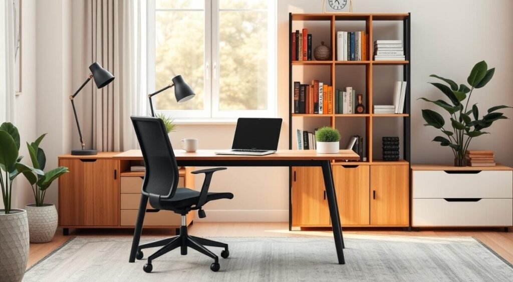 A modern home office setup showcasing cost-effective furniture and equipment. In the foreground, a stylish desk with a sleek, minimalist design, paired with an ergonomic chair. On the desk, a budget-friendly laptop and a potted plant add a touch of greenery. In the middle, a stylish bookshelf filled with essential books and appealing organizational items. The background features soft, natural lighting coming through a window, casting warm shadows and creating a cozy atmosphere. The setting should reflect a professional yet inviting mood suitable for productivity. The color palette should consist of neutral tones with pops of color for vibrancy. No people are present in the scene; focus solely on the furniture and the overall setup, free from any text or branding.