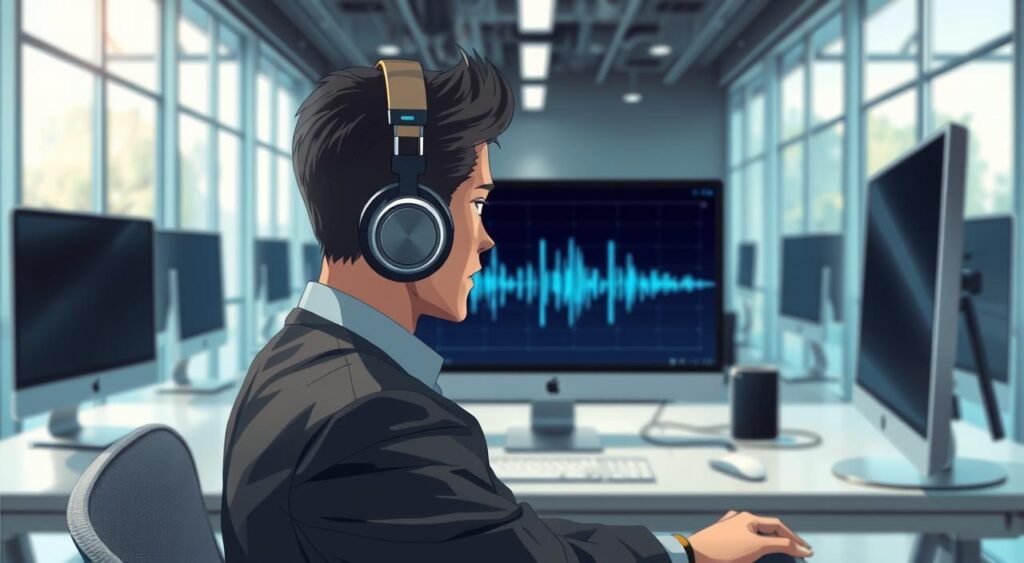 A modern office environment featuring a professional individual wearing business attire, sitting at a sleek desk equipped with advanced audio technology. The foreground shows high-quality headphones with active noise-cancellation features being used by the person. In the middle ground, a computer screen displays sound wave graphics, symbolizing audio immersion and noise cancellation technology. The background features a contemporary office setting with large windows, allowing natural light to pour in and creating a bright, focused atmosphere. Soft blue and white lighting enhances the high-tech feel, while the overall mood is one of concentration and innovation, emphasizing the importance of noise cancellation in immersive audio experiences.