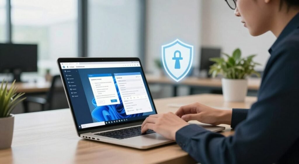 A modern office setting with a sleek laptop featuring a split screen, one side displaying a Linux interface and the other a Windows interface. In the foreground, a professional individual in smart casual attire is analyzing data on the laptop, with a focused expression. The middle ground includes a digital shield icon symbolizing security, privacy, and data control. In the background, soft, diffused lighting from large windows creates a calm atmosphere, while green plants add a touch of freshness. The scene is captured at eye level with a shallow depth of field, emphasizing the laptop and the individual's engagement, evoking a mood of trust and professionalism in data management.