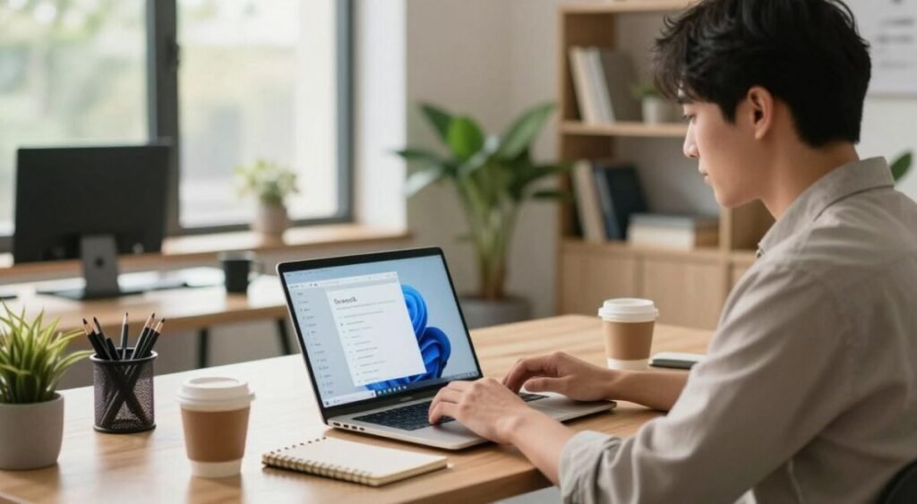 A modern, sleek office workspace depicting a user configuring Windows 10 on a laptop. In the foreground, a focused young professional in business casual attire is seated, interacting with the laptop screen, showing various Windows 10 settings. The middle ground features an organized desk with tech gadgets, a notepad, and a cup of coffee, which adds a touch of personality. The background consists of a large window letting in natural light, illuminating green plants and a minimalist bookshelf, creating a serene atmosphere. The lighting is warm and inviting, suggesting a productive work environment. The image conveys a sense of motivation and professionalism, ideal for illustrating tech configuration tips.