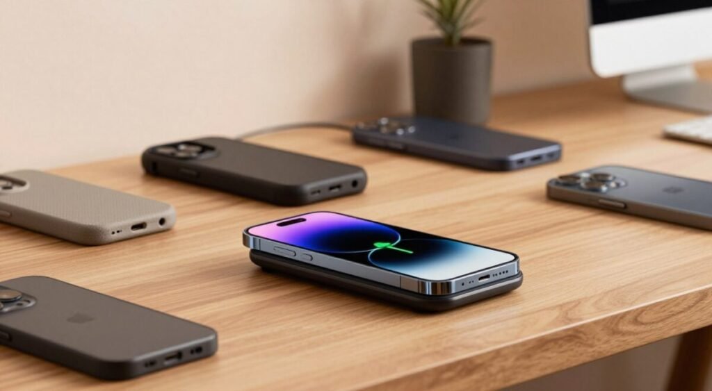 A modern, sleek wireless charger placed on a stylish wooden desk, surrounded by various mobile phone cases and accessories in different textures and colors. The foreground features an elegant smartphone partially resting on the charger, displaying a vibrant charging animation. In the middle ground, a filtered light gently illuminates the scene, highlighting the compatibility of the charger with a rugged case and a slim case, showcasing versatility. The background is softly blurred, featuring a minimalistic home office setting with soft pastel walls and a few scattered tech gadgets. Use warm, natural lighting to create a cozy atmosphere that emphasizes the convenience of charging while using different accessories. The composition should be dynamic and visually appealing, inviting readers to explore the topic further.