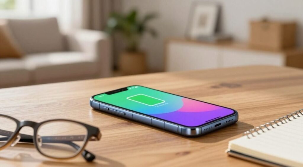 A modern smartphone resting on a wooden table, its sleek design accentuated by a vibrant battery icon displaying high charge. In the foreground, a pair of reading glasses and a simple notepad suggest a thoughtful user. The middle layer features the smartphone's screen illuminated with bright, engaging colors, showcasing a battery-saving interface. In the background, a cozy, softly lit living room with subtle greenery adds warmth, creating a peaceful atmosphere. Natural light filters in through a window, casting gentle shadows, enhancing the focus on the phone. The overall mood is inviting and informative, emphasizing ease of use and reliability for elderly users seeking long-lasting battery life and fast charging solutions.