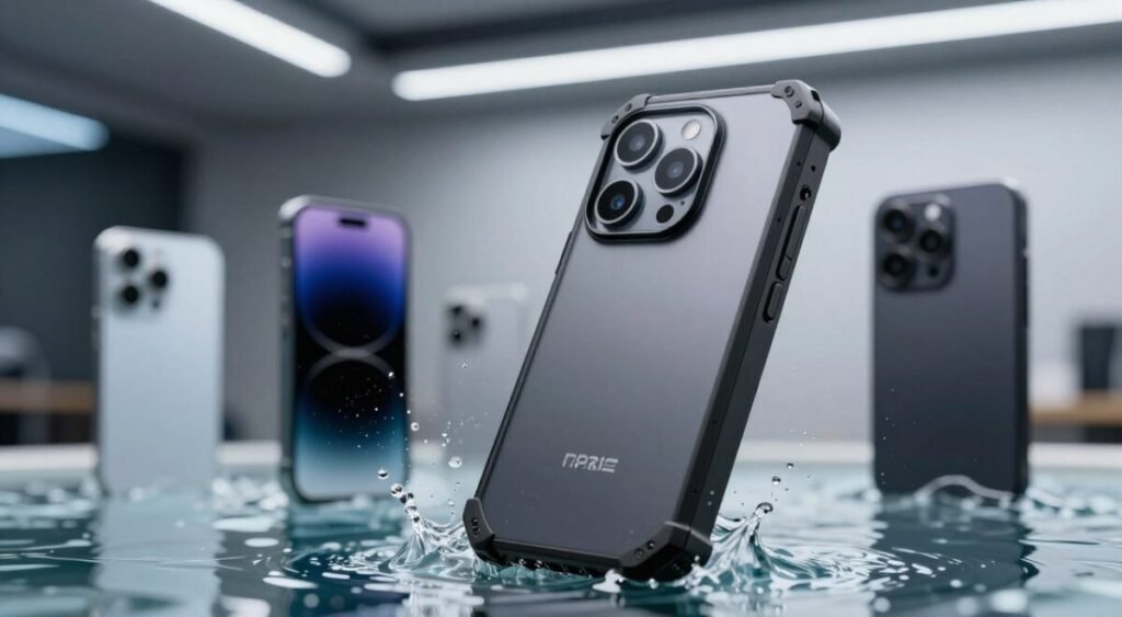 A modern smartphone with a rugged, durable design prominently displayed in the foreground, showcasing its IP67/IP68 and IP69K certifications. The device is partly submerged in clear water, surrounded by fine dust particles, emphasizing its resistance to both elements. In the middle ground, blurred images of various smartphones that exemplify toughness, featuring durable materials like Gorilla Glass. The background features a sleek, high-tech environment, illuminated with soft, diffused lighting to create a professional atmosphere. The overall mood should convey strength and reliability, highlighting the cutting-edge technology used in ultra-resistant devices. Utilize a shallow depth of field to keep the focus on the primary smartphone, while subtly hinting at the advancement in mobile technology.
