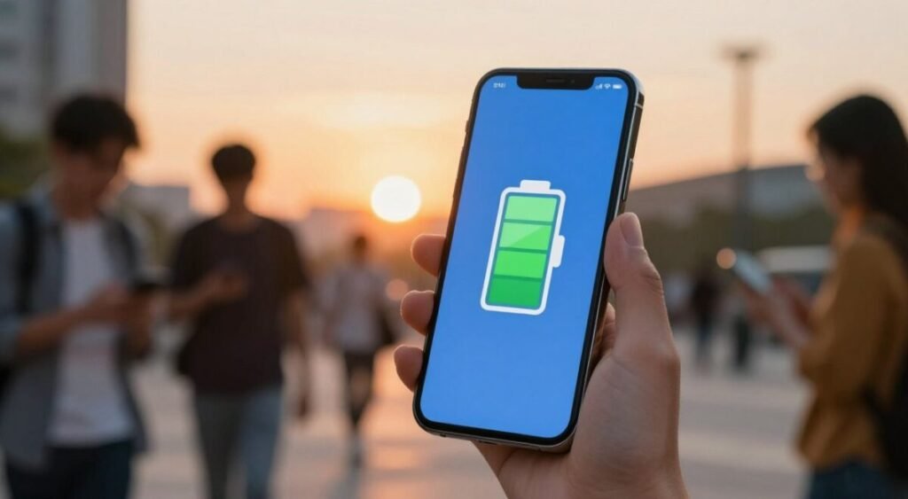 A modern smartphone with a sleek design is showcased in the foreground, illuminated by soft, warm lighting to highlight its features. The device displays a vibrant battery icon with a full charge, symbolizing excellent battery autonomy. Surrounding the phone, a blurred, busy urban setting represents mobility, featuring people commuting and using their devices, capturing a sense of active lifestyle. In the background, a sunset casts a golden hue over the scene, enhancing the mood of reliability and endurance for long usage sessions. The focus is on creating an inspiring atmosphere that connects technology with a seamless, dynamic everyday experience, emphasizing the importance of battery life in mobile applications.