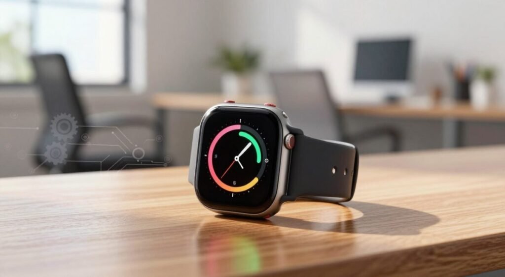 A modern smartwatch with a sleek design, prominently displaying a vibrant battery life indicator. In the foreground, the smartwatch is placed on a smooth wooden surface, reflecting a warm sunlight glow, emphasizing its advanced technology features. In the middle ground, subtle details of technology-enhancing elements, like gears and circuit patterns, softly fade into an energetic background showcasing a blurred office environment, suggesting productivity and lifestyle effectiveness. The scene is lit with soft, natural light coming from a nearby window, casting gentle shadows that enhance the professional appeal. The overall atmosphere conveys a sense of innovation and careful consideration, representing the importance of battery life in choosing the right smartwatch for individual needs.