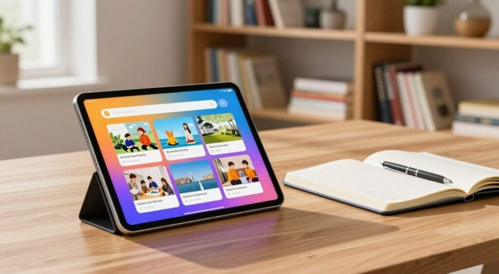 A modern study environment featuring a stylish tablet on a wooden desk, showcasing its high-resolution screen with vivid colors and detailed images of educational apps. In the foreground, the tablet is angled slightly to provide a clear view of its display. In the middle, an open notebook with neatly written notes and a sleek pen beside it. The background displays a well-organized bookshelf filled with textbooks and decor items, creating an inspiring study atmosphere. Soft, natural lighting comes from a nearby window, casting gentle shadows and enhancing the vivid colors of the tablet. The scene is inviting, suggesting productivity and focus, ideal for students choosing the right device for their studies.