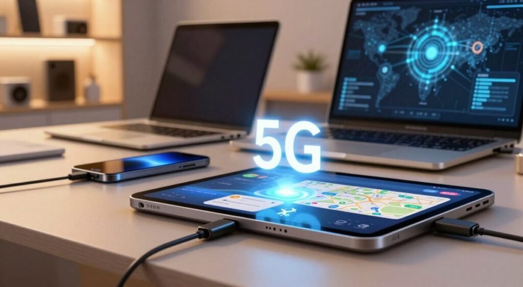 A modern workspace featuring a sleek tablet with a glowing 5G connectivity icon prominently displayed. In the foreground, include a close-up of the tablet's USB-C and Thunderbolt 4 ports, with an illuminated Bluetooth symbol and GPS map application interface visible on the screen. The middle layer showcases a stylish laptop and smartphone, all connected wirelessly, emphasizing connectivity. The background consists of a softly lit office with shelves of tech gadgets and an abstract digital map displaying data flow lines, suggesting high-speed connections. Use warm, inviting lighting to create a tech-savvy yet approachable atmosphere, shot from a slightly elevated angle to encapsulate the entire scene effectively.