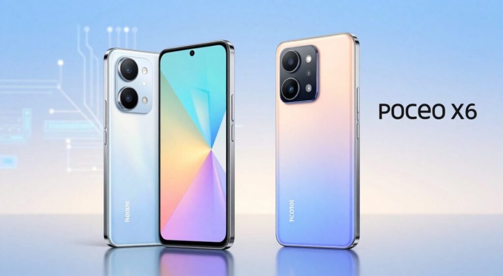 A side-by-side comparison of the Redmi Note 14 5G and POCO X6 smartphones, showcasing their sleek designs and key features. In the foreground, display the two phones prominently, angled slightly towards the viewer to highlight their screens. The Redmi Note 14 5G on the left with its elegant glass back and vibrant display, and the POCO X6 on the right with its sporty design and distinctive color accents. In the middle ground, include abstract tech elements like a blurry circuit board pattern to emphasize innovation. The background should be soft-focused, using a gradient of blue and white to convey a modern, tech-savvy atmosphere. Soft, diffused lighting enhances the phones' features and reflections, creating a polished and professional look. The entire scene embodies a high-tech, friendly comparison mood.