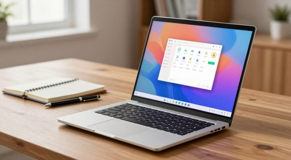 A sleek 15.6-inch Full HD laptop screen displaying vibrant colors and crisp clarity, positioned on a stylish wooden desk. In the foreground, the laptop is open, showcasing an inviting desktop environment with modern icons. The middle ground features a notebook and a sleek pen beside the laptop, suggesting a productive workspace. The background is softly blurred, revealing a cozy office space with warm lighting from a nearby window, creating a professional and inviting atmosphere. The scene is captured from a dynamic angle, emphasizing the laptop's display and its stylish design. The overall mood is one of motivation and potential for productivity, perfect for a guide on choosing affordable notebooks in 2025.