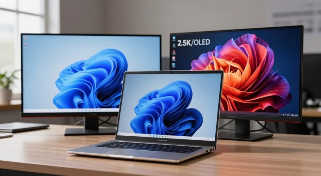 A sleek 15.6-inch laptop with a vivid Full HD display, positioned prominently in the foreground, showcasing its high-resolution screen clarity. The laptop's metallic casing reflects soft, ambient lighting, emphasizing its modern design. In the middle ground, there are two contrasting displays side by side: the left showcasing a Full HD resolution and the right illustrating a vibrant 2.5K/OLED display with deep colors and rich blacks. The background features a subtle, blurred office environment with a hint of technology, creating a professional atmosphere. Soft, natural light streams in from a nearby window, casting gentle shadows and enhancing the sleekness of the laptops. The mood conveys a sense of innovation and choice, perfect for a tech-savvy audience.