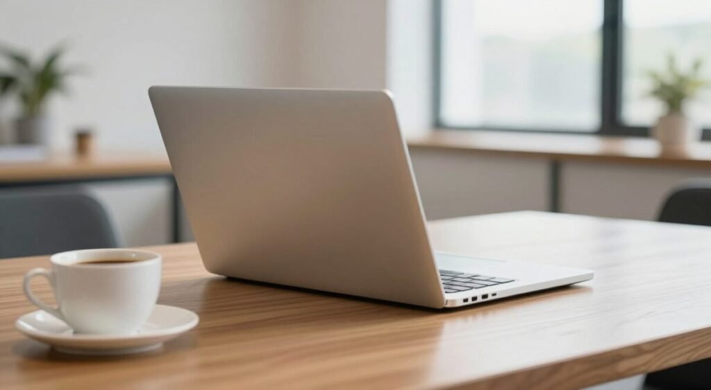 A sleek 15.6-inch lightweight notebook sits prominently on a polished wooden desk, showcasing its thin and elegant design. The notebook features a glossy, silver finish with minimal bezels around the display, emphasizing its modern aesthetic. In the foreground, a soft-focus coffee cup is placed beside the laptop, adding a touch of warmth to the scene. The background reveals a bright, airy office space with soft natural light streaming through large windows, creating a comfortable and productive atmosphere. A hint of greenery is visible through the window, enhancing the lively feel of the setup. The scene is captured with a soft focus lens, conveying a professional yet inviting mood, ideal for showcasing the latest in portable technology.