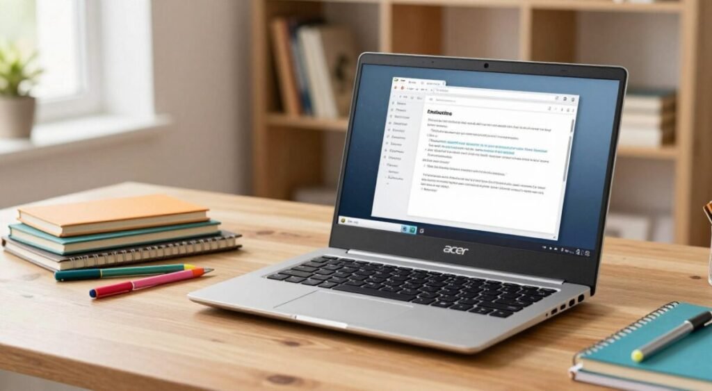 A sleek Acer Aspire 3 laptop with a modern design, featuring a silver metallic finish and an illuminated keyboard, positioned on a wooden desk. The laptop screen displays an open document with educational content. In the foreground, a set of colorful stationery, including notebooks and pens, adds a touch of vibrancy. In the background, a soft-focus bookshelf filled with textbooks and study materials creates a studious atmosphere. The lighting is warm and inviting, emanating from a nearby window, casting natural light over the scene. The angle is slightly elevated to showcase the laptop and its surroundings effectively, evoking a cozy and productive study environment. The mood is focused and encouraging, perfect for students.