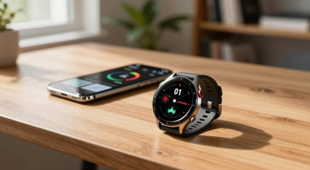 A sleek GPS smartwatch displays a vibrant digital interface showcasing health metrics like heart rate and step count. In the foreground, the watch sits on a modern wooden desk, illuminated by soft, natural light filtering through a nearby window, enhancing the watch's metallic finish. In the middle ground, a smartphone with a fitness app is partially visible, suggesting connectivity and data syncing. The background features a blurred indoor setting with plants and bookshelves, creating an inviting atmosphere. The scene conveys a sense of innovation and precision, emphasizing the importance of accurate health tracking and GPS technology in everyday life. Capture the image from a slightly elevated angle to provide a clear view of the smartwatch and its features.